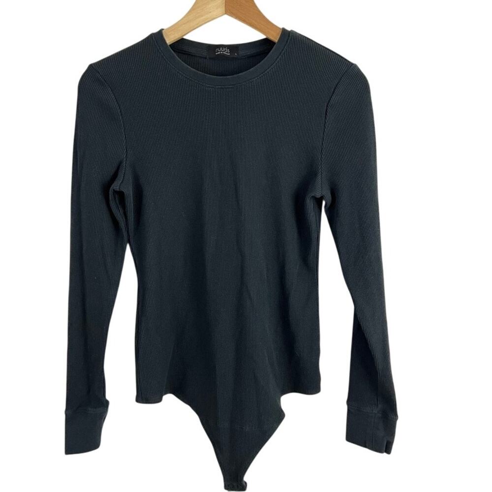 nuuds Black Thermal Waffle‎ Long Sleeve Bodysuit Women Size Large